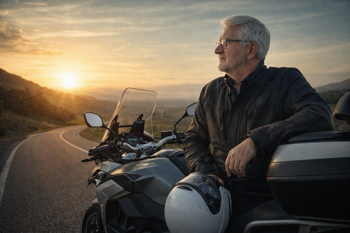 Detlef Gumze lehnt bei Sonnenuntergang an seinem Motorrad, eine Landstraße im Hintergrund