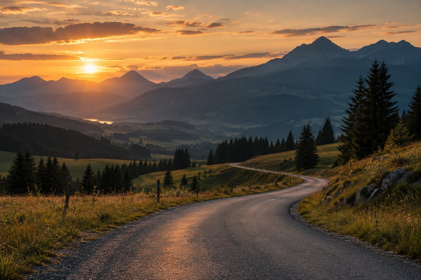 Eine Landstraße windet sich im Abendlicht durch Hügel und Berge
